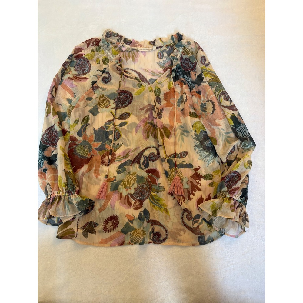 Soft Surroundings Floral Paisley Metallic Blouse XL Pink Boho Tassel Top 2FX97